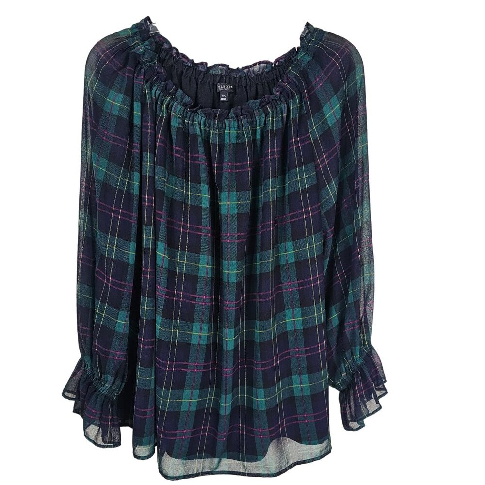 Talbots Plaid Ruffle Blouse 1XP Poet Sleeves Christmas Flowy Lined Lightweight